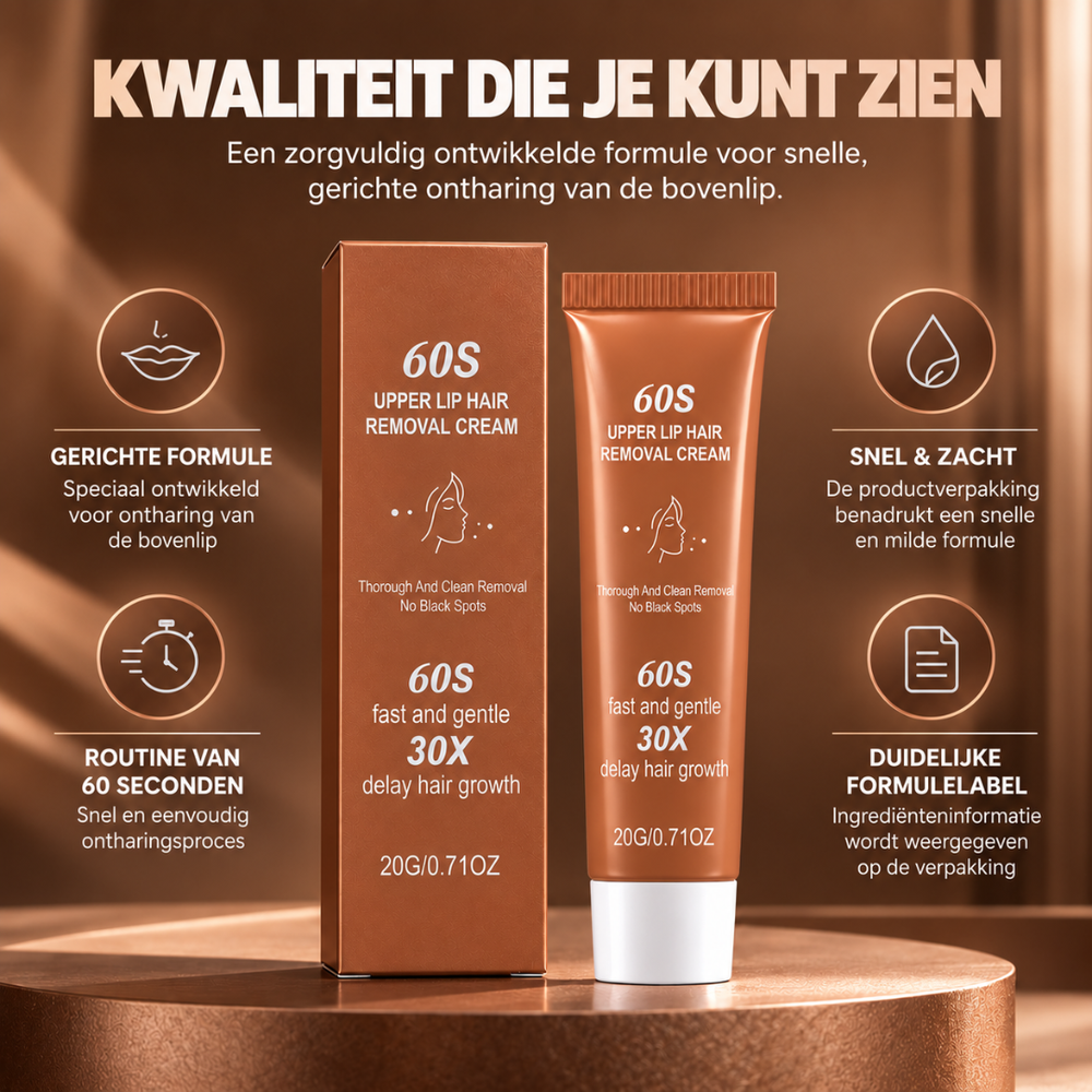 60S hårfjerningscreme | Fjern ansigtshår på 60 sekunder — klinisk dokumenteret og dermatologisk testet